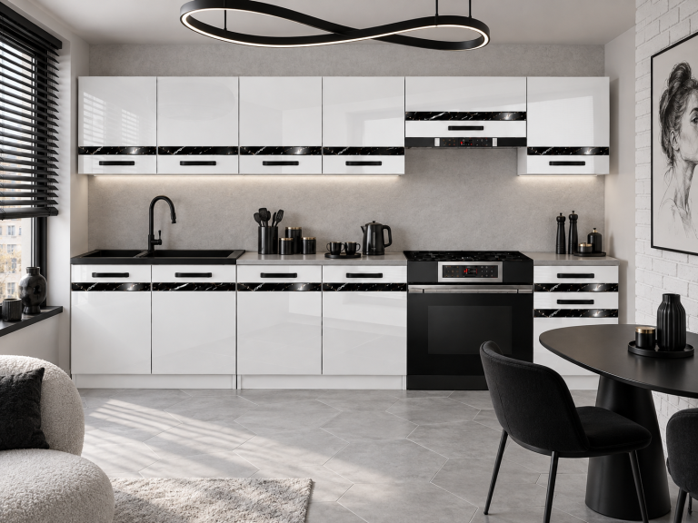 Mobilier de bucătărie Prestige 260 cm alb lucios fără blat Producător INF P Frida/0/WT/W/BB/A1/CS
