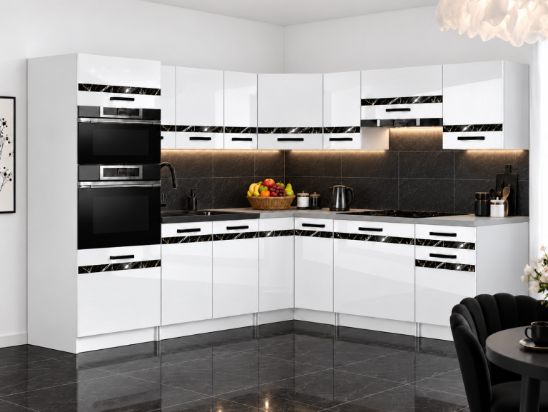 Mobilier de bucătărie Prestige 420 cm alb lucios cu blat Producător INF P Diego/0/WT/W/0/A1/CS
