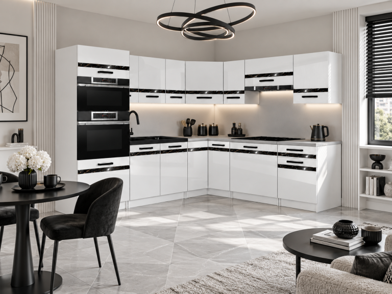 Mobilier de bucătărie Prestige 420 cm alb lucios cu blat Producător INF P Diego/0/WT/W/0/A1/CS