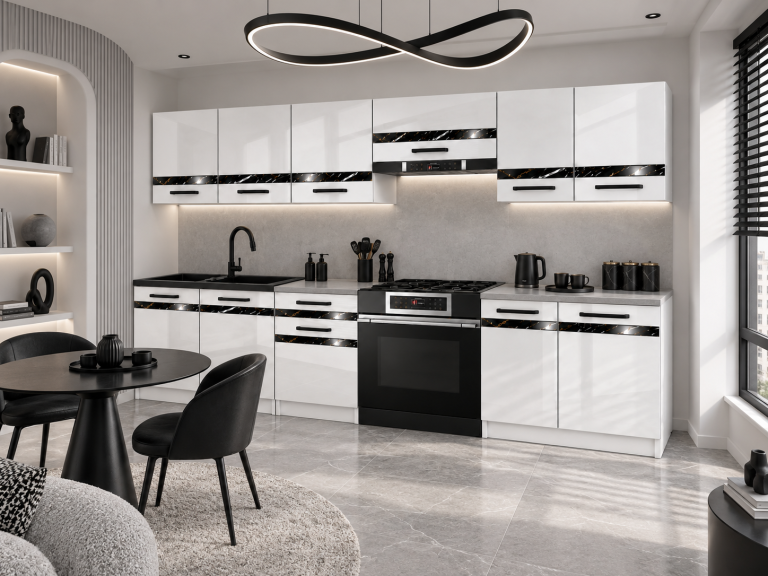 Mobilier de bucătărie Prestige 240 cm alb lucios fără blat Producător INF P Salvador/0/WT/W/BB/A1/CS