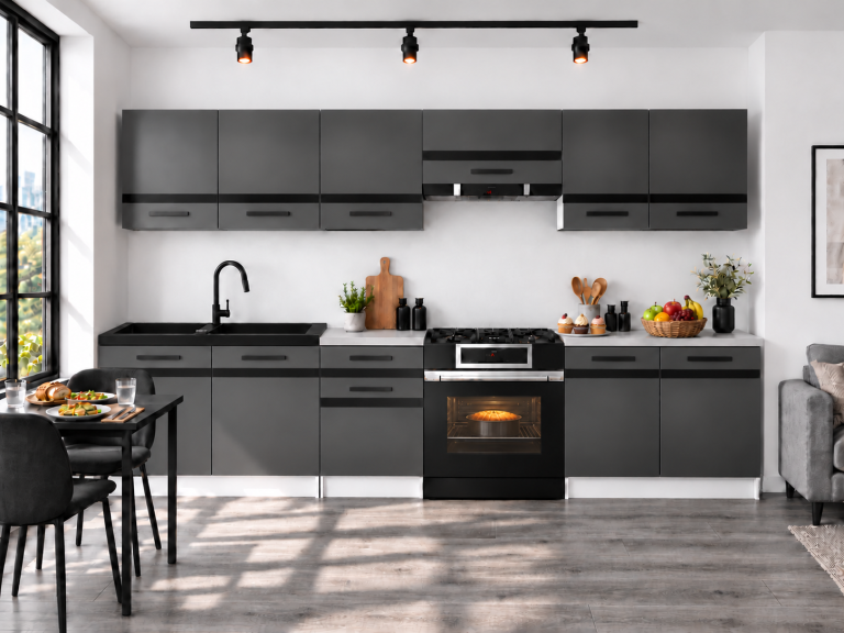 Mobilier de bucătărie Prestige 240 cm gri mat fără blat Producător TOR P Salvador/0/WT/SR/BB/A1/CM