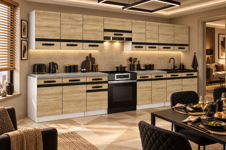 Mobilier de bucătărie Prestige 320 cm stejar sonoma fără blat Producător TOR P Vincent/0/WT/DS/BB/A1/CM