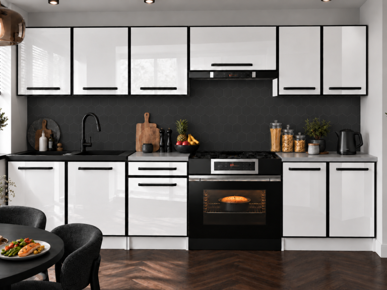 Mobilier de bucătărie Linea 240 cm alb lucios cu blat Producător INF L Salvador/0/WT/W/0/A1