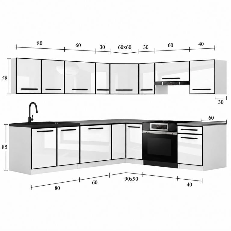 Mobilier de bucătărie Linea 420 cm alb mat cu blat Producător TOR L  Gustav/0/WT/WT/0/A1