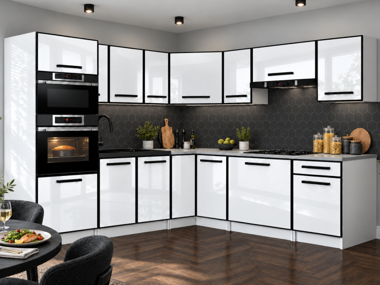 Mobilier de bucătărie Linea 420 cm alb lucios cu blat Producător INF L Diego/0/WT/W/0/A1