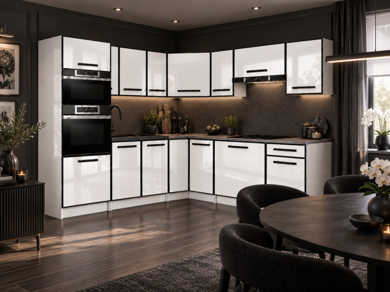 Mobilier de bucătărie Linea 420 cm alb lucios cu blat Producător INF L Diego/0/WT/W/0/A1
