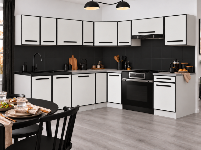 Mobilier de bucătărie Linea 420 cm alb mat cu blat Producător TOR L  Gustav/0/WT/WT/0/A1