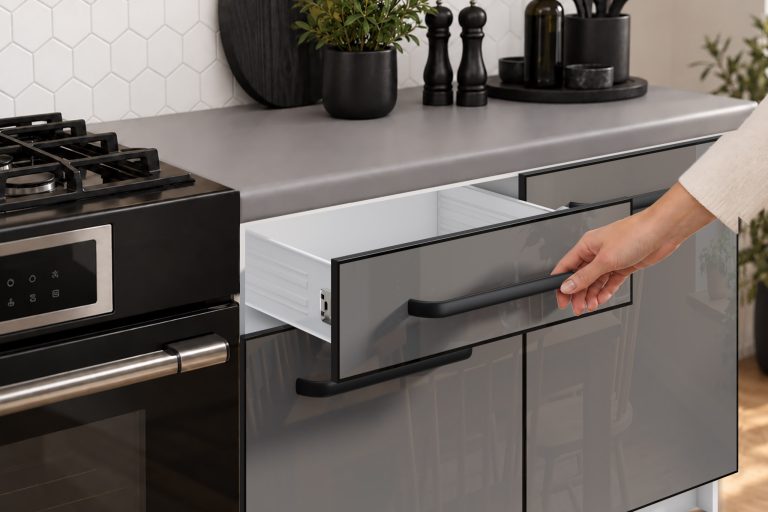 Mobilier de bucătărie Linea 320 cm gri lucios cu blat Producător INF L Vincent/0/WT/S/0/A1