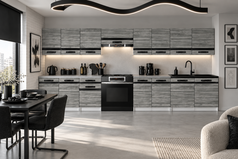 Mobilier de bucătărie Prestige 320 cm glamour wood fără blat Producător TOR P Vincent/0/WT/GW1/BB/A1/CM