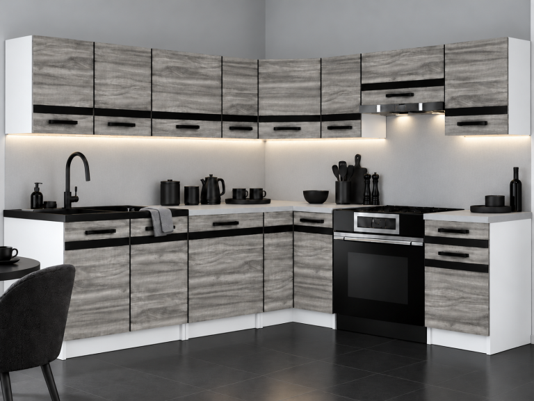 Mobilier de bucătărie Prestige 420 cm gamour wood fără blat Producător TOR P Gustav/0/WT/GW1/BB/A1/CM