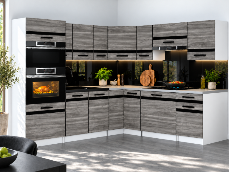 Mobilier de bucătărie Prestige 420 cm glamour wood fără blat  Producător TOR P Diego/0/WT/GW1/BB/A1/CM