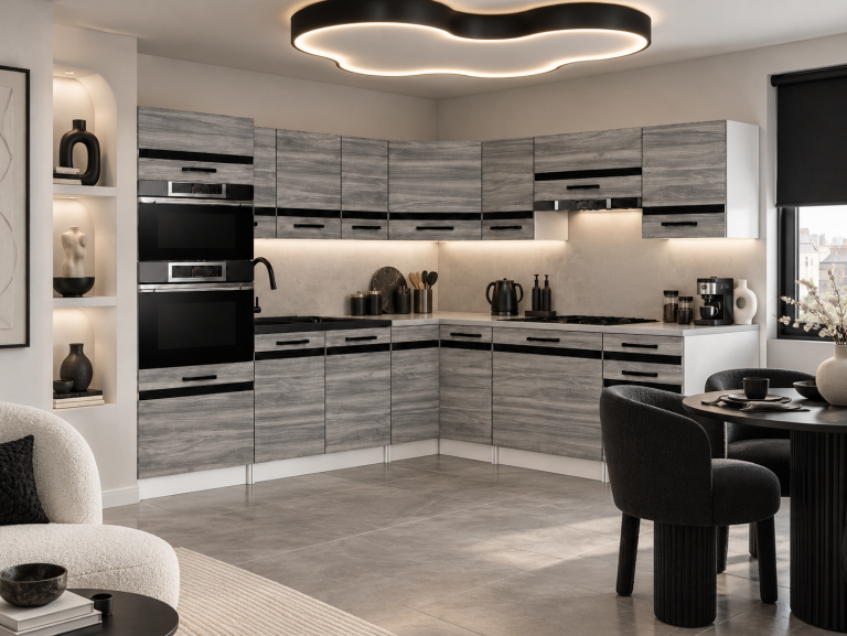 Mobilier de bucătărie Prestige 420 cm glamour wood fără blat  Producător TOR P Diego/0/WT/GW1/BB/A1/CM