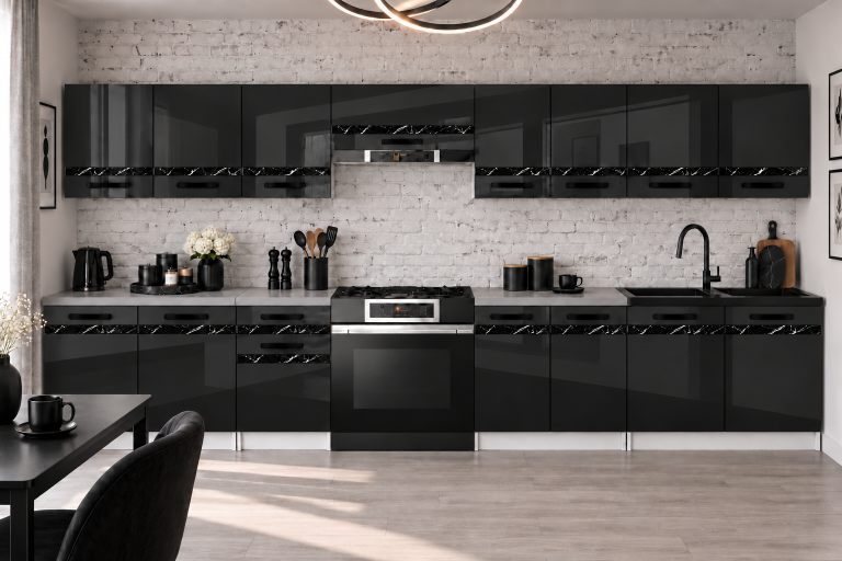 Mobilier de bucătărie Prestige 320 cm negru lucios cu blat Producător INF P Vincent/0/WT/B/0/A1/CS