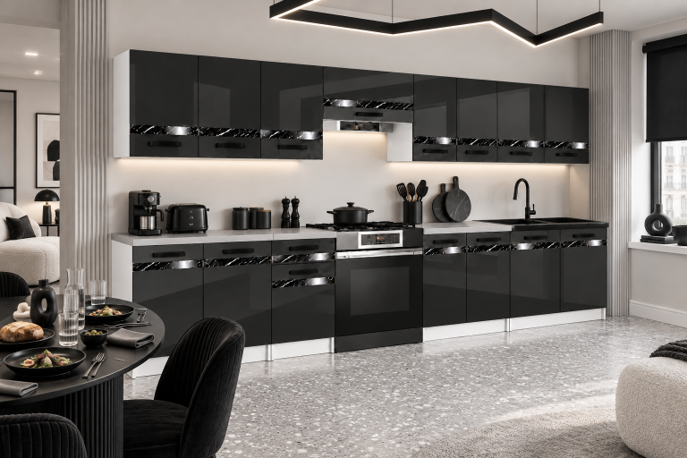 Mobilier de bucătărie Prestige 320 cm negru lucios cu blat Producător INF P Vincent/0/WT/B/0/A1/CS