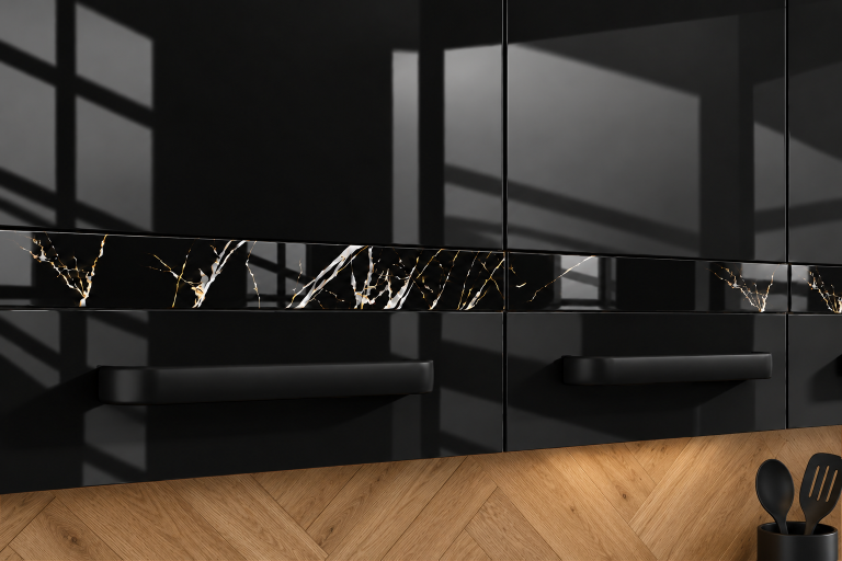 Mobilier de bucătărie Prestige 320 cm negru lucios cu blat Producător INF P Vincent/0/WT/B/0/A1/CS