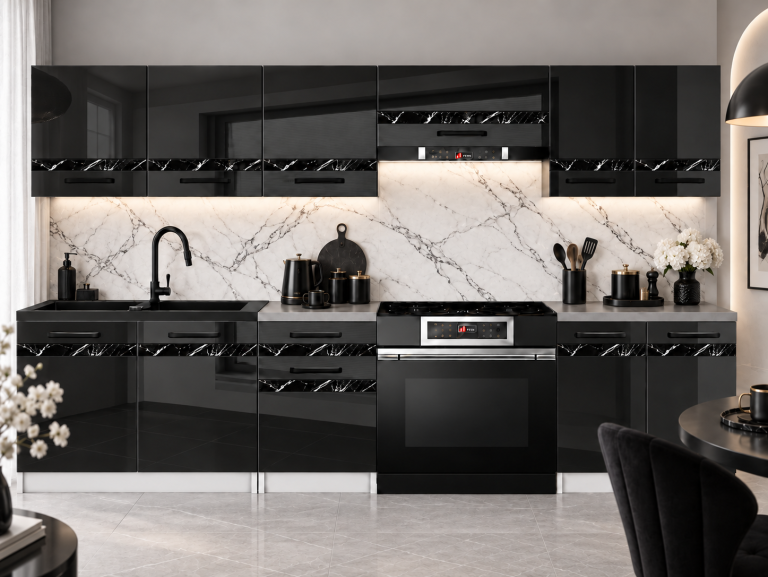 Mobilier de bucătărie Prestige 240 cm negru lucios fără blat Producător INF P Salvador/0/WT/B/BB/A1/CS