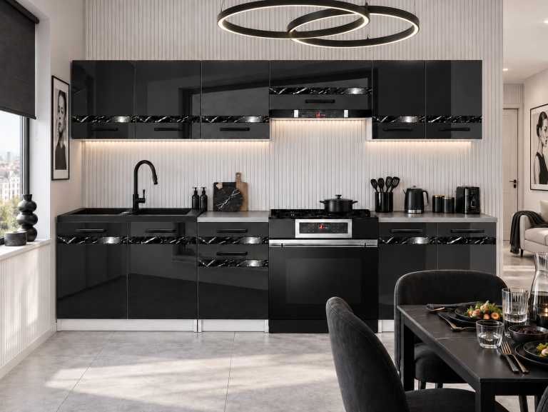 Mobilier de bucătărie Prestige 240 cm negru lucios fără blat Producător INF P Salvador/0/WT/B/BB/A1/CS