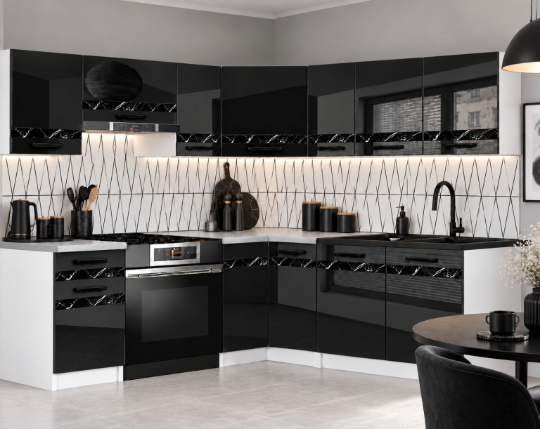 Mobilier de bucătărie Prestige 360 cm negru lucios cu blat Producător INF P Pablo/0/WT/B/0/A1/CS