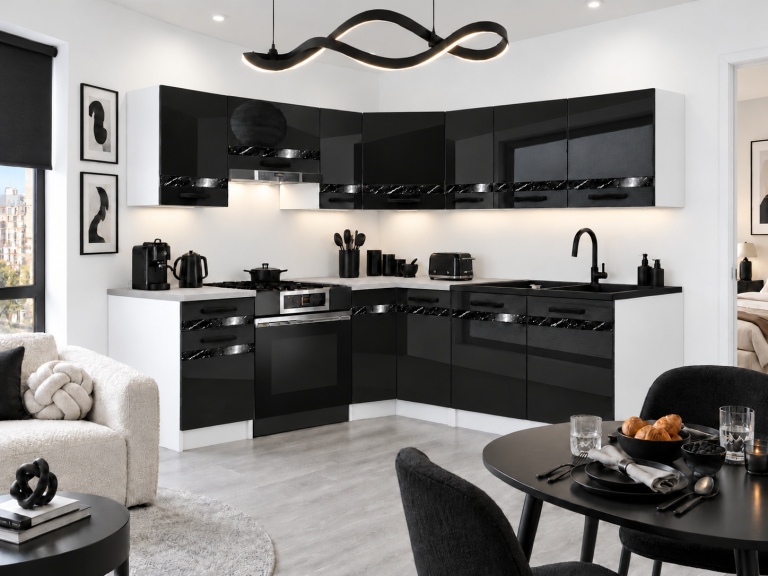 Mobilier de bucătărie Prestige 360 cm negru lucios cu blat Producător INF P Pablo/0/WT/B/0/A1/CS