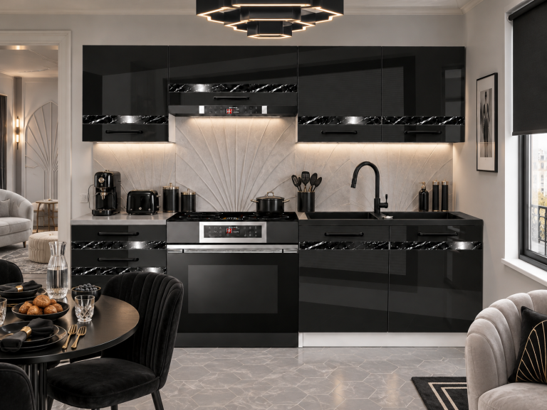 Mobilier de bucătărie Prestige 180 cm negru lucios fără blat Producător INF P Leonardo/0/WT/B/BB/A1/CS