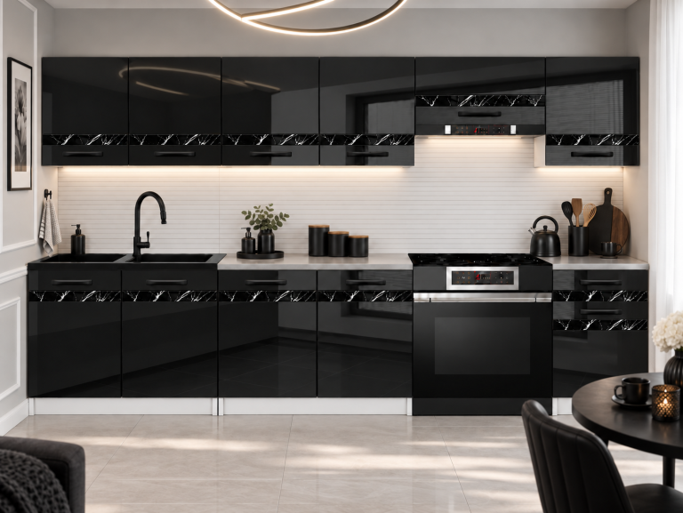 Mobilier de bucătărie Prestige 260 cm negru lucios cu blat Producător INF P Frida/0/WT/B/0/A1/CS