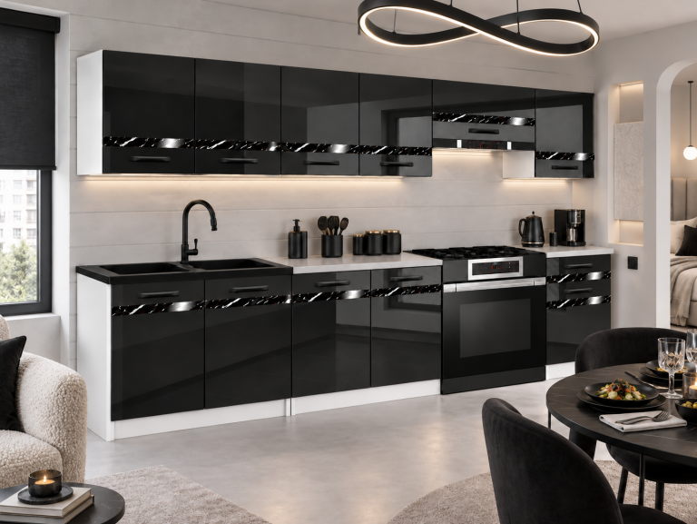 Mobilier de bucătărie Prestige 260 cm negru lucios cu blat Producător INF P Frida/0/WT/B/0/A1/CS
