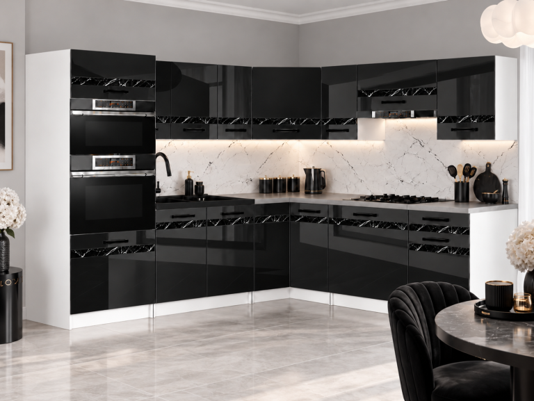 Mobilier de bucătărie Prestige 420 cm negru lucios fără blat Producător INF P Diego/0/WT/B/BB/A1/CS