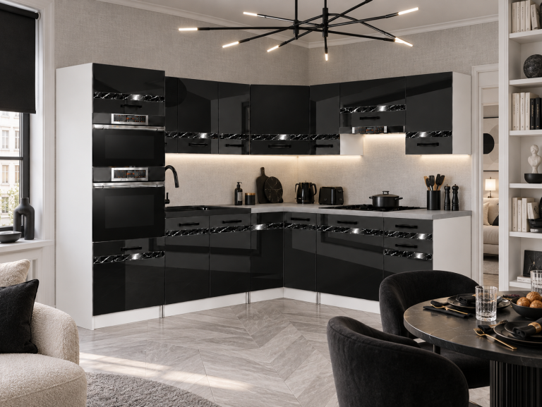Mobilier de bucătărie Prestige 420 cm negru lucios fără blat Producător INF P Diego/0/WT/B/BB/A1/CS