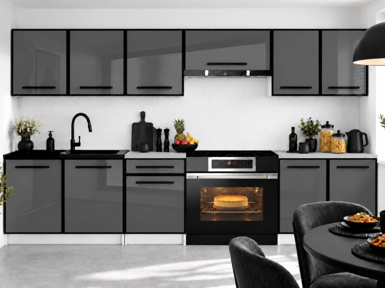 Mobilier de bucătărie Linea 240 cm gri lucios fără blat Producător INF L Salvador/0/WT/S/BB/A1