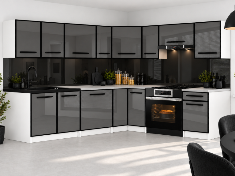 Mobilier de bucătărie Linea 420 cm gri lucios cu blat Producător INF L Gustav/0/WT/S/0/A1
