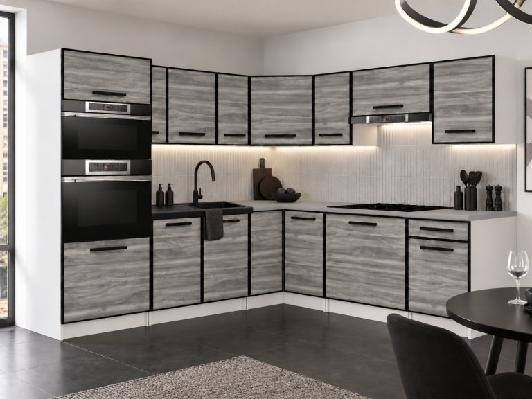 Mobilier de bucătărie Linea 420 cm glamour wood fără blat Producător TOR L Diego/0/WT/GW1/BB/A1