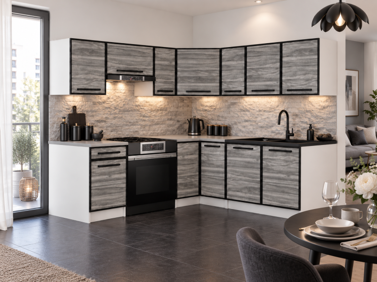Mobilier de bucătărie Linea 360 cm glamour wood cu blat Producător TOR L Pablo/0/WT/GW1/0/A1