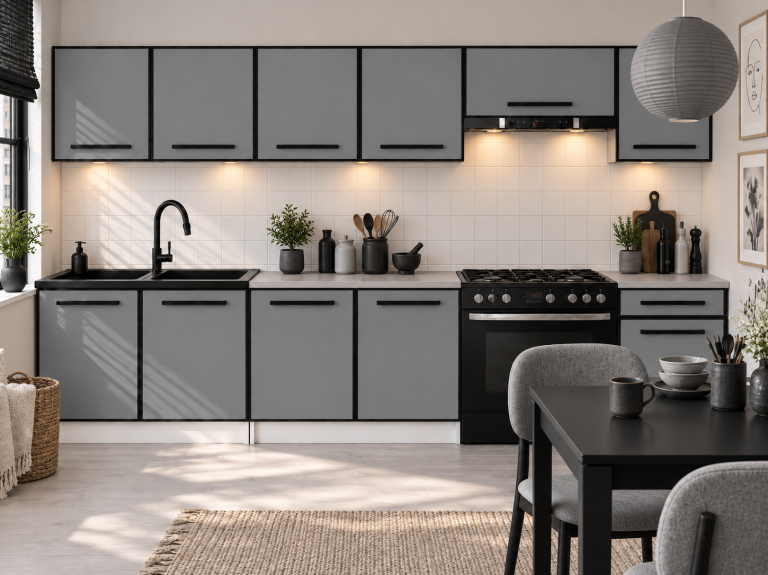 Mobilier de bucătărie Linea 260 cm gri mat cu blat Producător TOR L Frida/0/WT/SR/0/A1