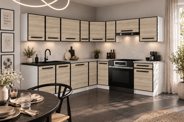 Mobilier de bucătărie Linea 420 cm stejar Sonoma cu blat Producător TOR L Gustav/0/WT/DS/0/A1