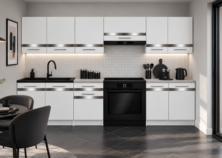 Mobilier de bucătărie Prestige 240 cm alb mat cu blat Producător TOR P Salvador/0/WT/WT/0/C1/SL