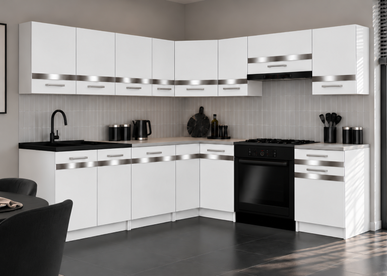 Mobilier de bucătărie Prestige 420 cm alb mat cu blat Producător TOR P Gustav/0/WT/WT/0/C1/SL