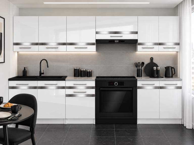 Mobilier de bucătărie Prestige 240 cm alb lucios fără blat Producător INF P Salvador/0/WT/W/BB/C1/SL
