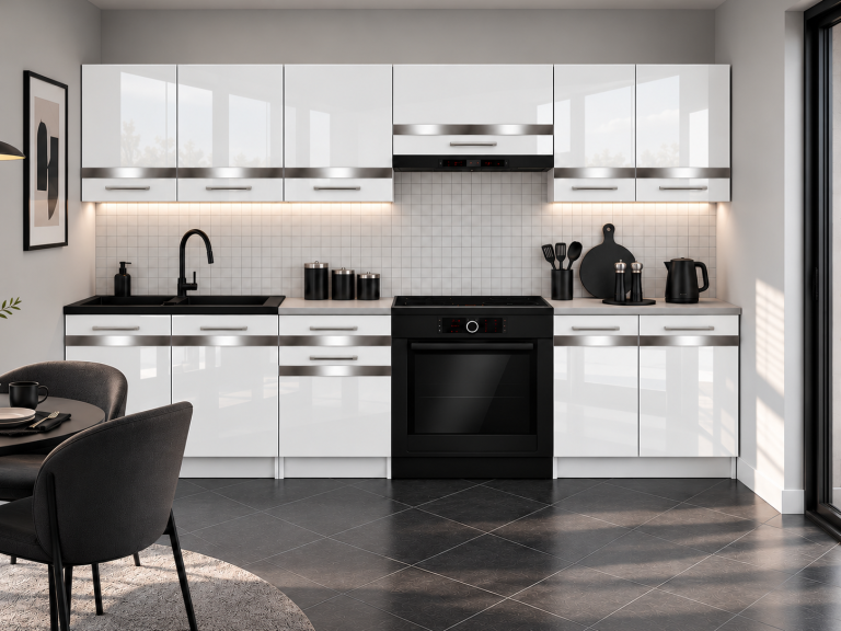 Mobilier de bucătărie Prestige 240 cm alb lucios fără blat Producător INF P Salvador/0/WT/W/BB/C1/SL