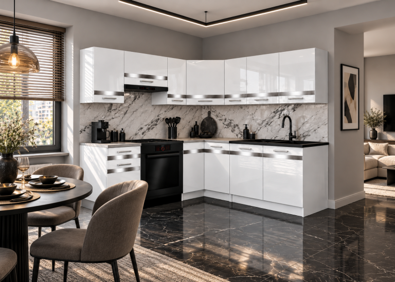Mobilier de bucătărie Prestige 360 cm alb lucios cu blat Producător INF P Pablo/0/WT/W/0/C1/SL