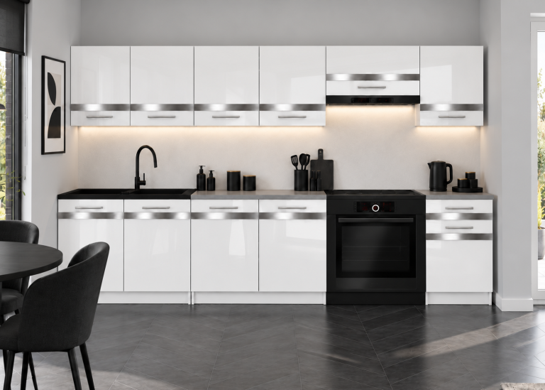 Mobilier de bucătărie Prestige 260 cm alb lucios fără blat Producător INF P Frida/0/WT/W/BB/C1/SL