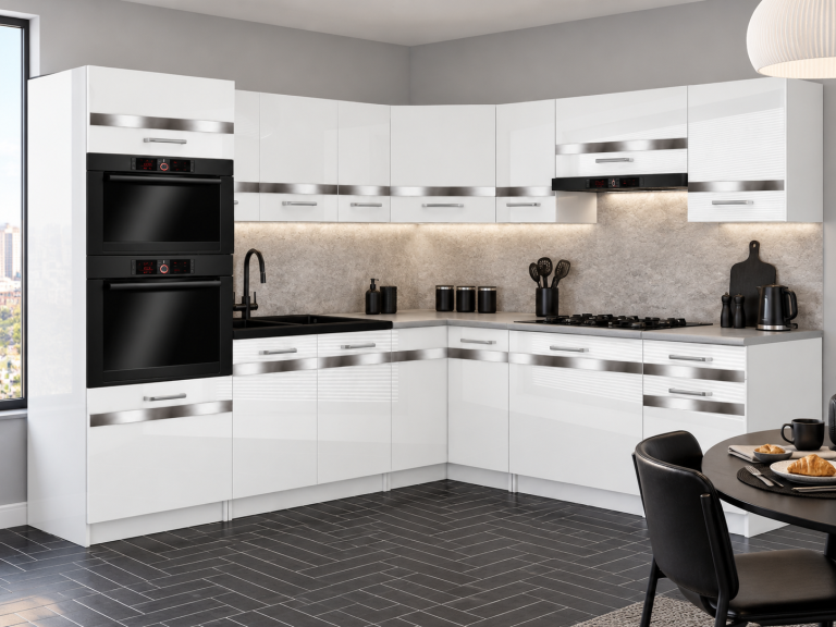 Mobilier de bucătărie Prestige 420 cm alb lucios cu blat Producător INF P Diego/0/WT/W/0/C1/SL