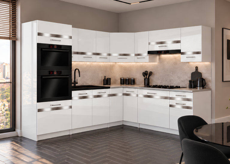 Mobilier de bucătărie Prestige 420 cm alb lucios cu blat Producător INF P Diego/0/WT/W/0/C1/SL