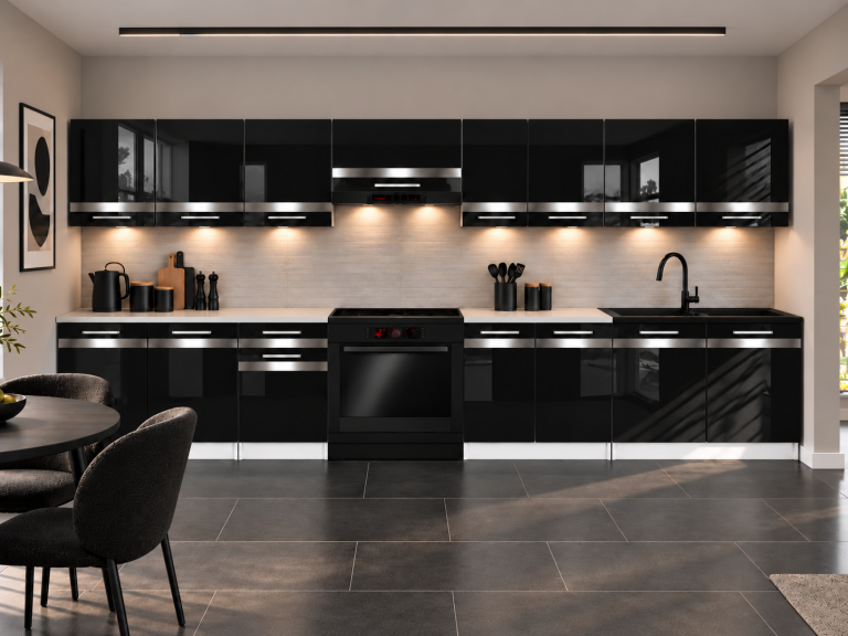  Mobilier de bucătărie Prestige 320 cm negru lucios cu blat Producător INF P Vincent/0/WT/B/0/C1/SL