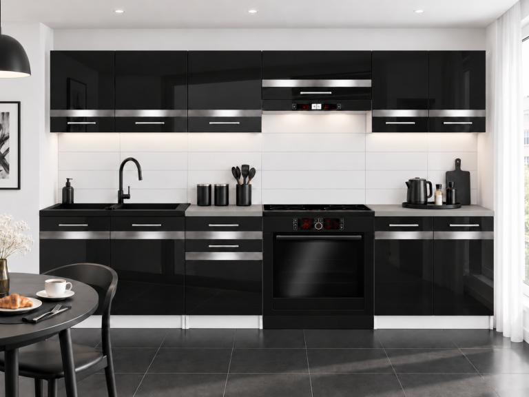 Mobilier de bucătărie Prestige 240 cm negru lucios cu blat Producător INF P Salvador/0/WT/B/0/C1/SL