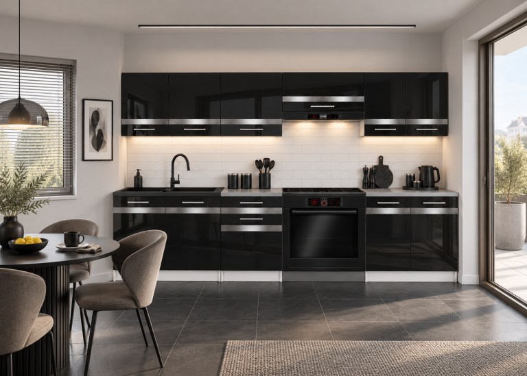 Mobilier de bucătărie Prestige 240 cm negru lucios cu blat Producător INF P Salvador/0/WT/B/0/C1/SL
