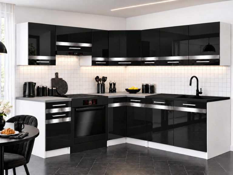 Mobilier de bucătărie Prestige 360 cm negru lucios cu blat Producător INF P Pablo/0/WT/B/0/C1/SL