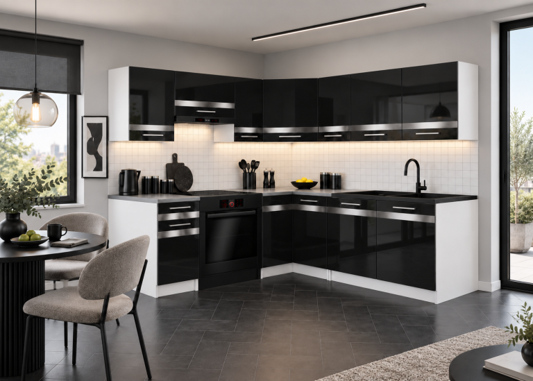 Mobilier de bucătărie Prestige 360 cm negru lucios cu blat Producător INF P Pablo/0/WT/B/0/C1/SL