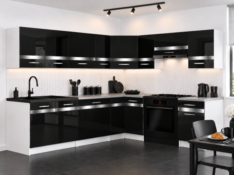 Mobilier de bucătărie Prestige 420 cm negru lucios cu blat Producător INF P Gustav/0/WT/B/0/C1/SL