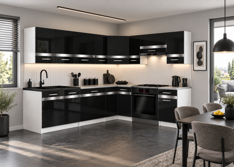 Mobilier de bucătărie Prestige 420 cm negru lucios cu blat Producător INF P Gustav/0/WT/B/0/C1/SL
