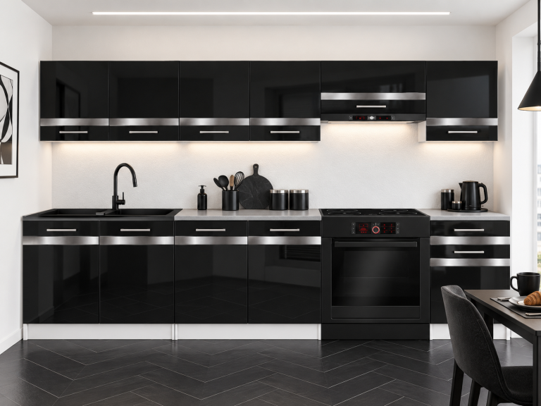Mobilier de bucătărie Prestige 260 cm negru lucios cu blat Producător INF P Frida/0/WT/B/0/C1/SL